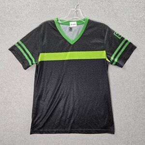 7 Eleven Men Shirt Small‎ Black Green Striped Logo Short Sleeve V Neck Tee
